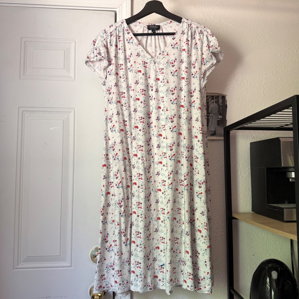 A.P.C. white floral short sleeve v-neck cotton midi dress